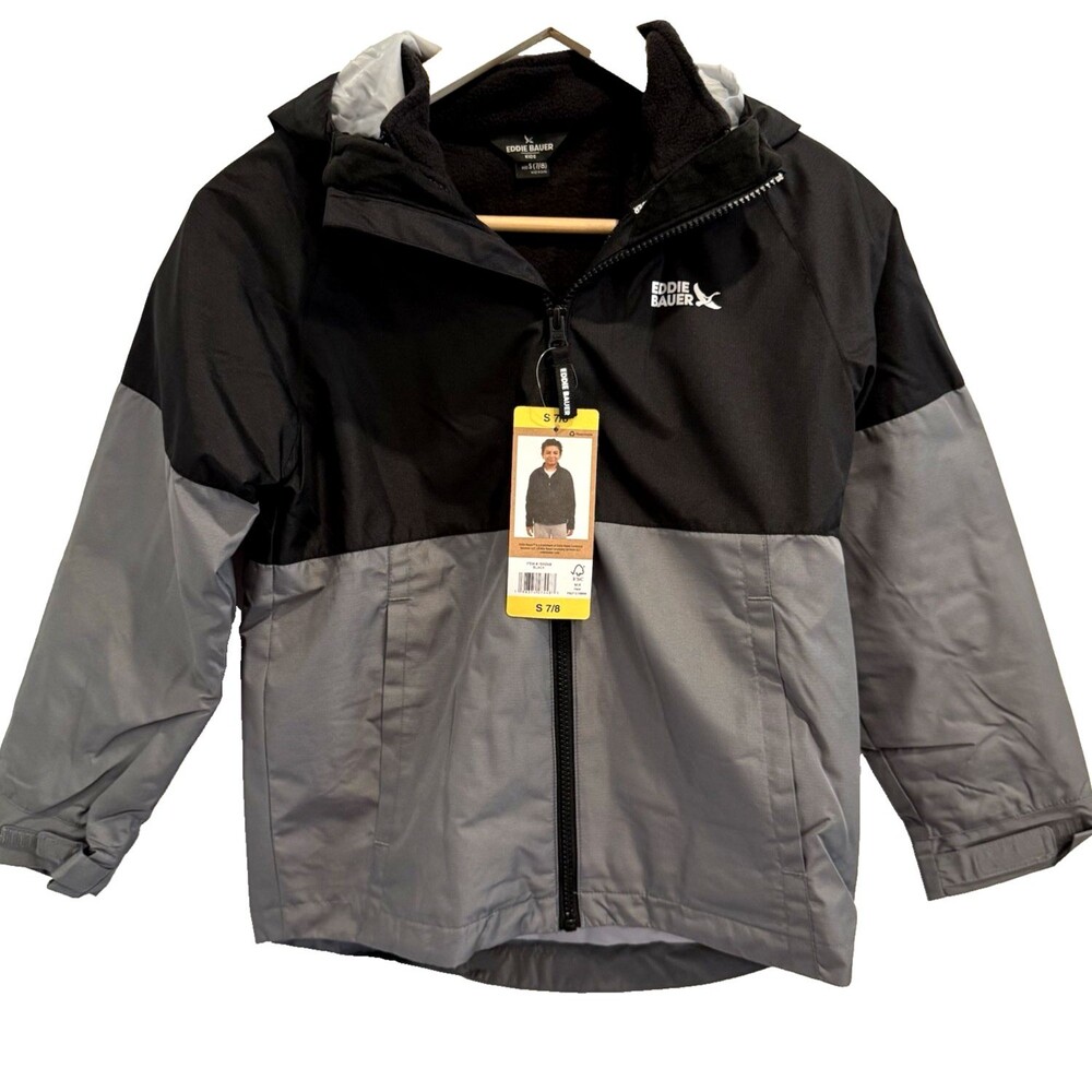NWT Eddie Bauer Coat Boys Sz 7/8 Small Black Gray 3-in-1 Jacket Winter Kids Warm - Picture 2 of 8